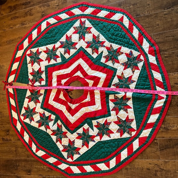 Quilted Christmas Tree Skirt Vintage Homemade 48” Handmade Star Pattern Classic - Picture 12 of 15